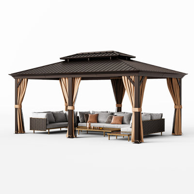 12' x 20' Double Roof Hardtop Gazebo Outdoor All-Weather Galvanized Pavilion with Nettings and Curtains for Gardens
