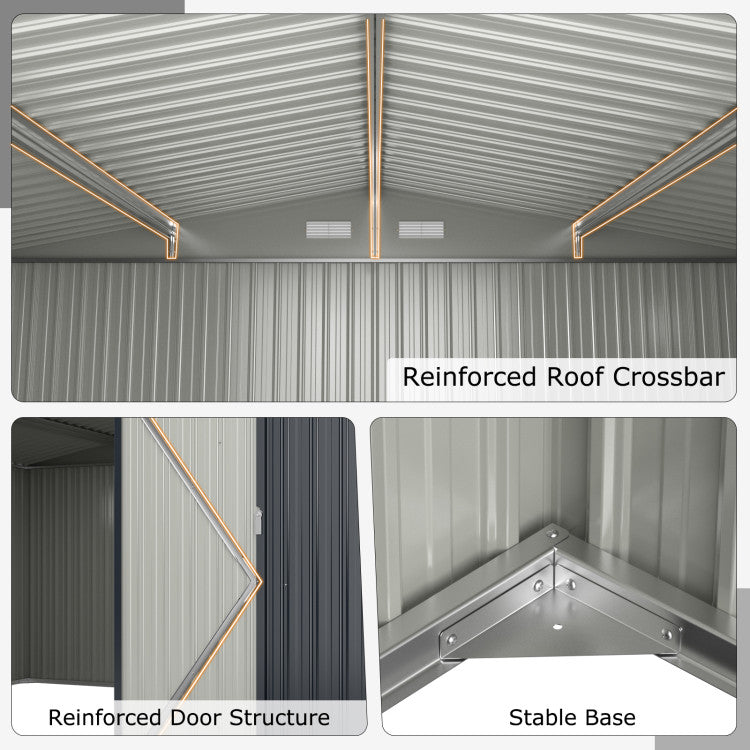 12 x 9.8 x 6.5 FT Outdoor Storage Shed Heavy-Duty Galvanized Utility Tool House with Lockable Door and Pitched Roof
