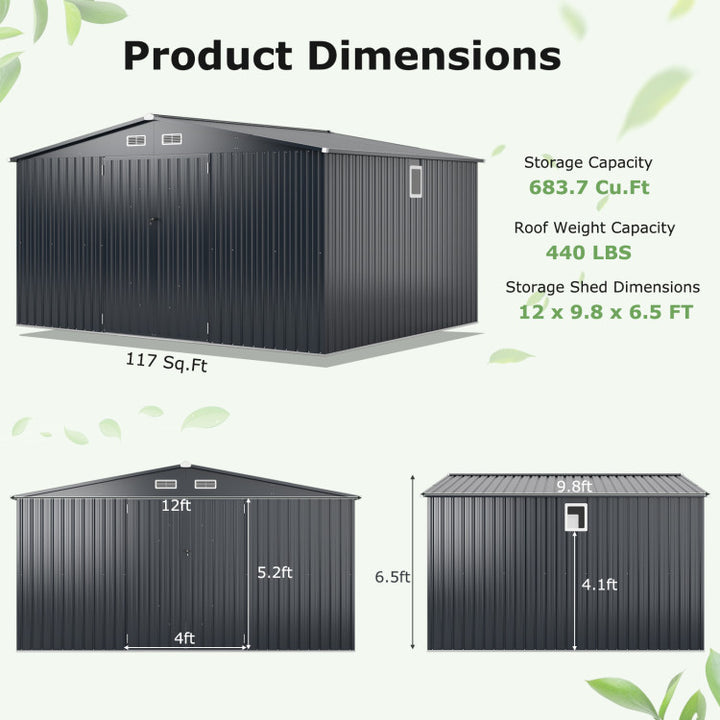 12 x 9.8 x 6.5 FT Outdoor Storage Shed Heavy-Duty Galvanized Utility Tool House with Lockable Door and Pitched Roof