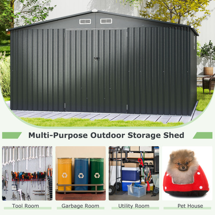 12 x 9.8 x 6.5 FT Outdoor Storage Shed Heavy-Duty Galvanized Utility Tool House with Lockable Door and Pitched Roof