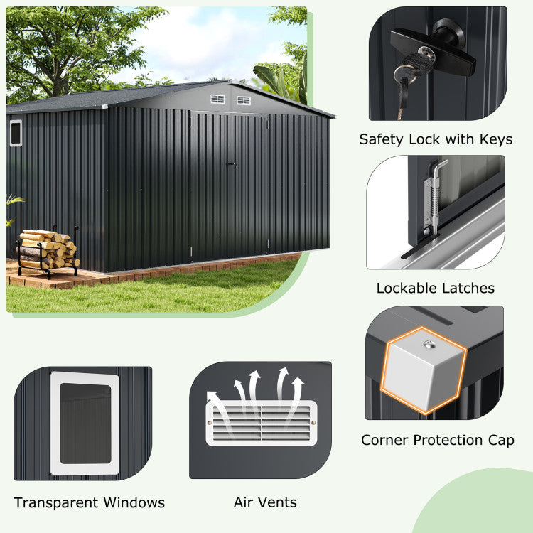 12 x 9.8 x 6.5 FT Outdoor Storage Shed Heavy-Duty Galvanized Utility Tool House with Lockable Door and Pitched Roof