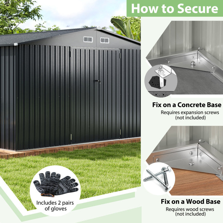 12 x 9.8 x 6.5 FT Outdoor Storage Shed Heavy-Duty Galvanized Utility Tool House with Lockable Door and Pitched Roof