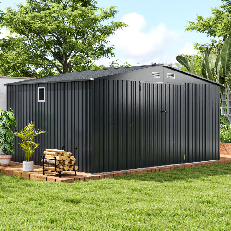 12 x 9.8 x 6.5 FT Outdoor Storage Shed Heavy-Duty Galvanized Utility Tool House with Lockable Door and Pitched Roof