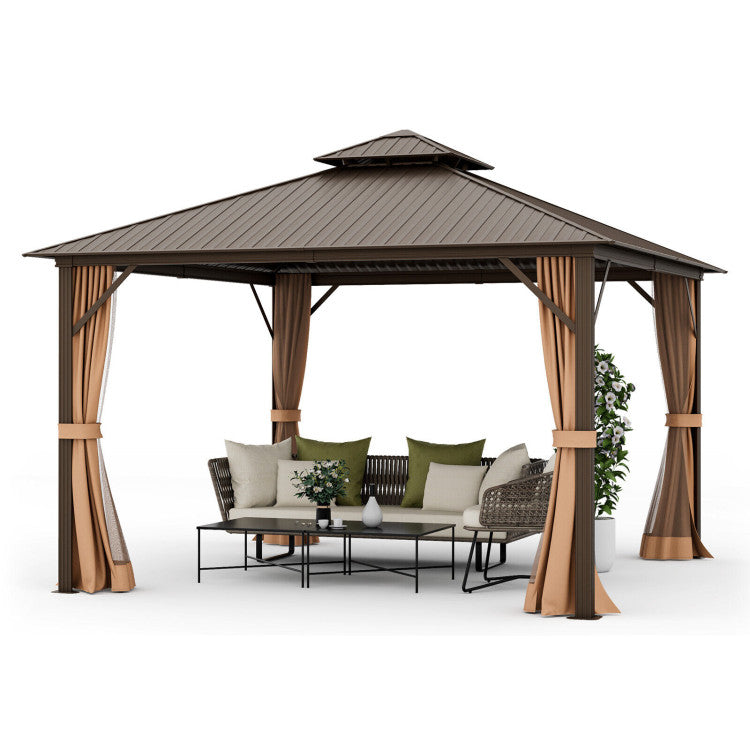 12 x 12 Feet Hardtop Gazebo Patio Double-Roof Metal Pergolas with Curtains and Netting for Garden Parties