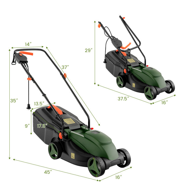 13.5 Inch Electric Corded Lawn Mower 10 Amp 2-in-1 Electric Grass Dethatcher & Scarifier with Adjustable Height and Collection Box