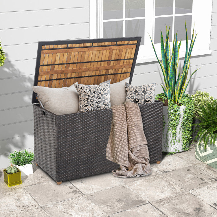 134 Gallon Outdoor Rattan Storage Box 2-in-1 Patio Deck Box Storage Container with Waterproof Zippered Liner and Solid Acacia Wood Top