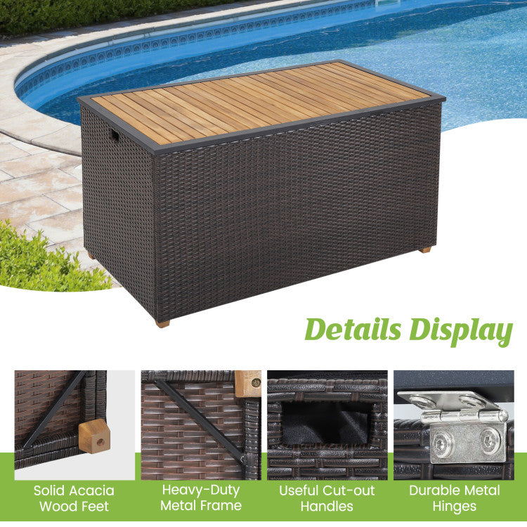 134 Gallon Outdoor Rattan Storage Box 2-in-1 Patio Deck Box Storage Container with Waterproof Zippered Liner and Solid Acacia Wood Top