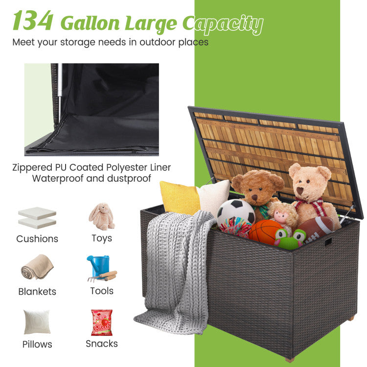 134 Gallon Outdoor Rattan Storage Box 2-in-1 Patio Deck Box Storage Container with Waterproof Zippered Liner and Solid Acacia Wood Top