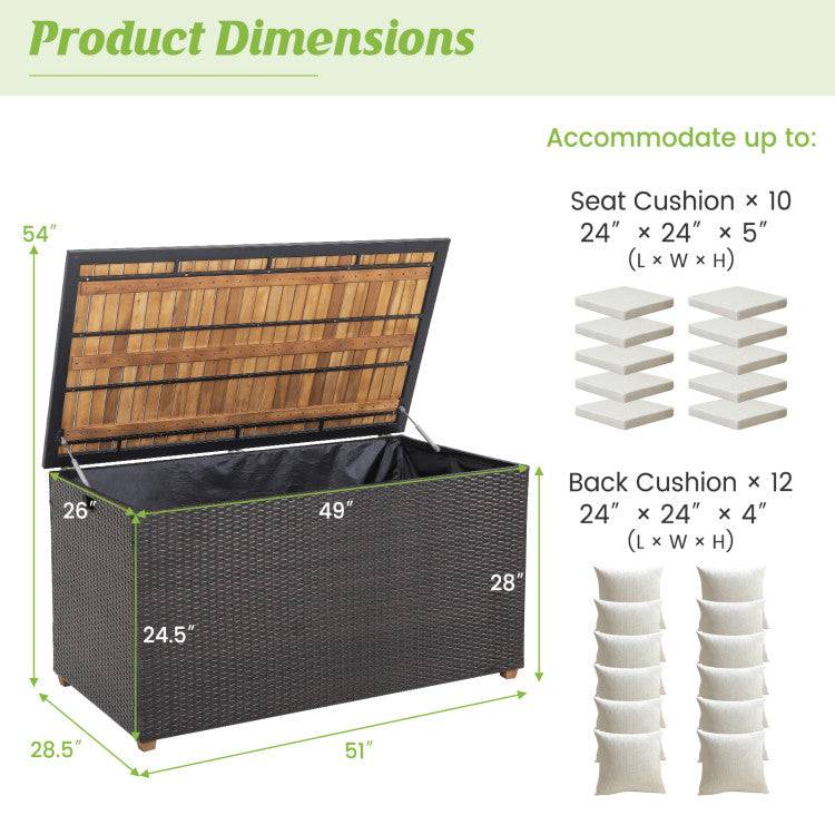 134 Gallon Outdoor Rattan Storage Box 2-in-1 Patio Deck Box Storage Container with Waterproof Zippered Liner and Solid Acacia Wood Top