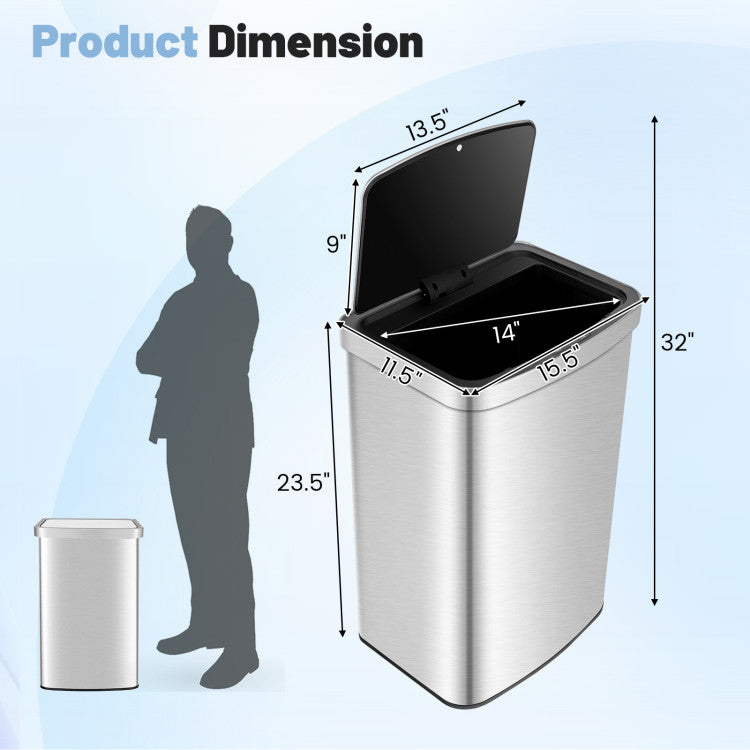 13 Gallon Automatic Trash Can 50 Liter Rectangular Motion Sensor Waste Garbage Bin with Soft Close Lid and Deodorizer Compartment