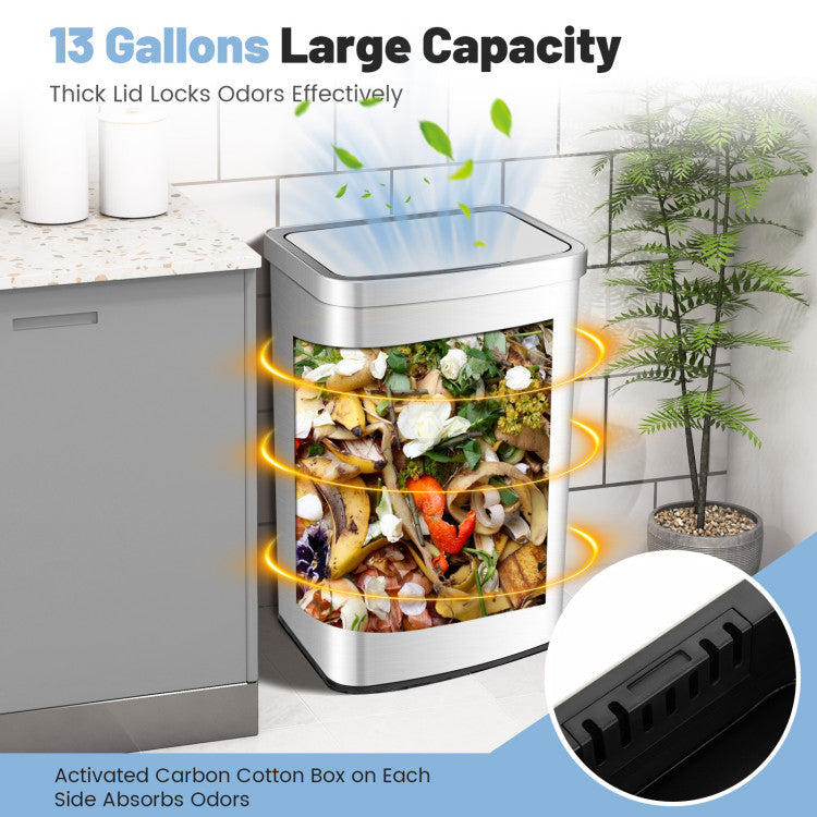 13 Gallon Automatic Trash Can 50 Liter Rectangular Motion Sensor Waste Garbage Bin with Soft Close Lid and Deodorizer Compartment