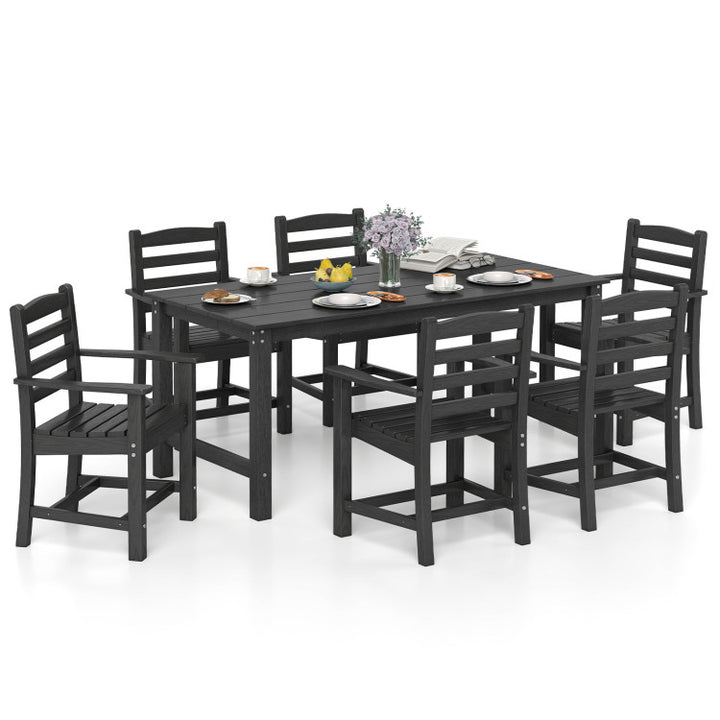 7 Pieces Outdoor Dining Table Set for 6 People 67” HDPE Patio Rectangle Table and 6 Armchairs