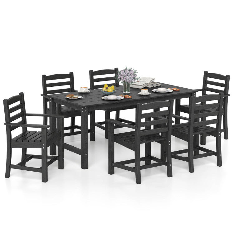 7 Pieces Outdoor Dining Table Set for 6 People 67” HDPE Patio Rectangle Table and 6 Armchairs