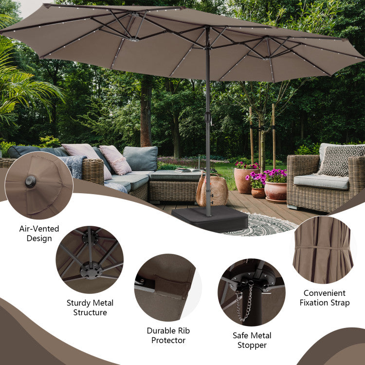 15 Ft Outdoor Patio Umbrella Double-Sided Twin Market Umbrella with 48 LED lights and Crank Handle