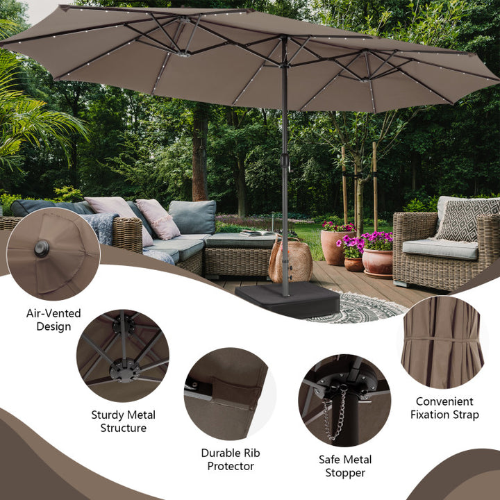 15 Ft Outdoor Patio Umbrella Double-Sided Twin Market Umbrella with 48 LED lights and Crank Handle