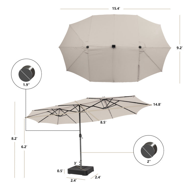 15 Ft Outdoor Patio Umbrella Double-Sided Twin Market Umbrella with 48 LED lights and Crank Handle