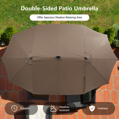 15 Ft Outdoor Patio Umbrella Double-Sided Twin Market Umbrella with 48 LED lights and Crank Handle