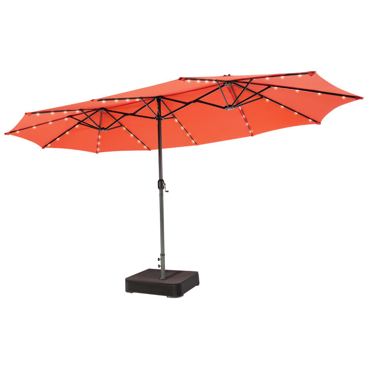 15 twin patio umbrella double sided outdoor market umbrella 15 ft Outdoor Double-Sided Patio Umbrella with 48 Solar LED Lights and Umbrella Base Orange
