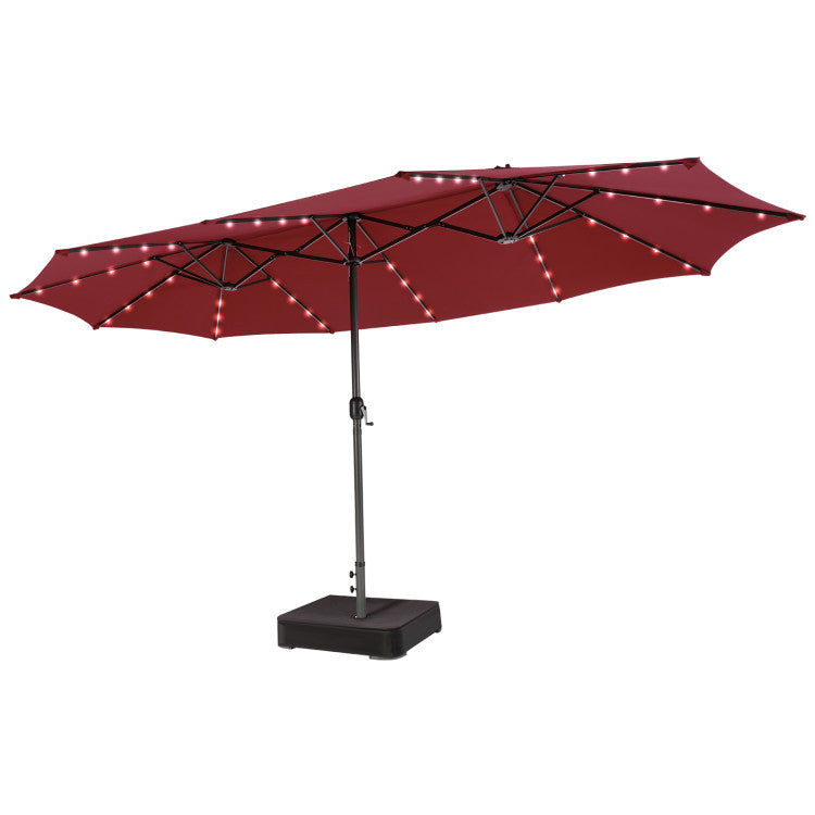 15 ft patio umbrella outdoor umbrella with crank and 15 ft Outdoor Double-Sided Patio Umbrella with 48 Solar LED Lights and Umbrella Base Wine