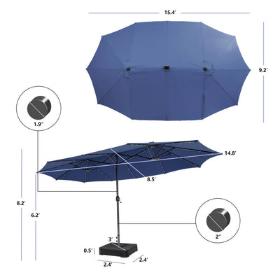 15 Ft Outdoor Patio Umbrella Double-Sided Twin Market Umbrella with 48 LED lights and Crank Handle