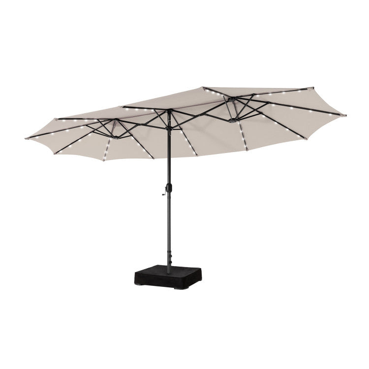 15 Ft Outdoor Patio Umbrella Double-Sided Twin Market Umbrella with 48 LED lights and Crank Handle