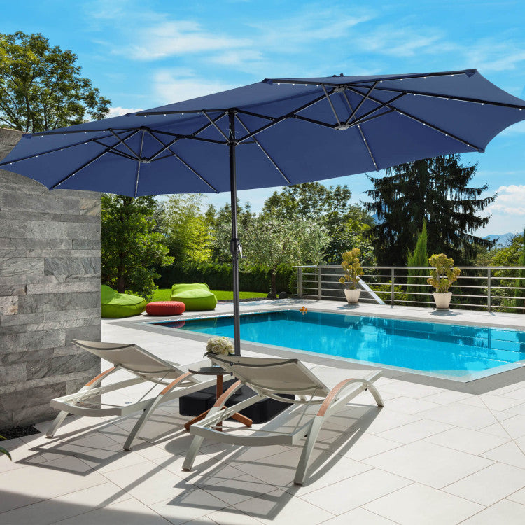 15 ft Outdoor Double-Sided Patio Umbrella with 48 Solar LED Lights and Umbrella Base Wine 15 ft Outdoor Double-Sided Patio Umbrella with 48 Solar LED Lights and Umbrella Base Wine