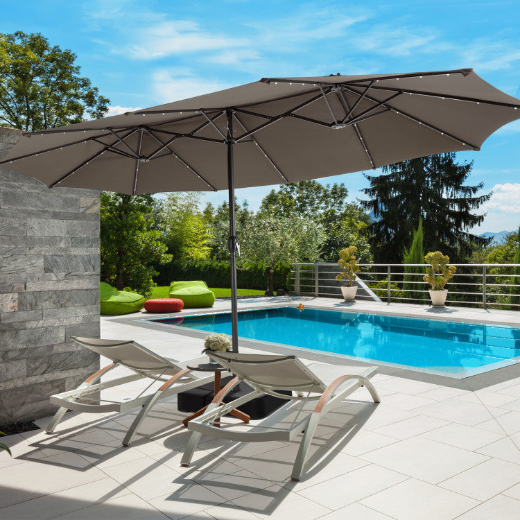 15 ft Outdoor Double-Sided Patio Umbrella with 48 Solar LED Lights and Umbrella Base Wine