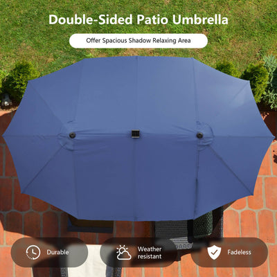 15 Ft Outdoor Patio Umbrella Double-Sided Twin Market Umbrella with 48 LED lights and Crank Handle