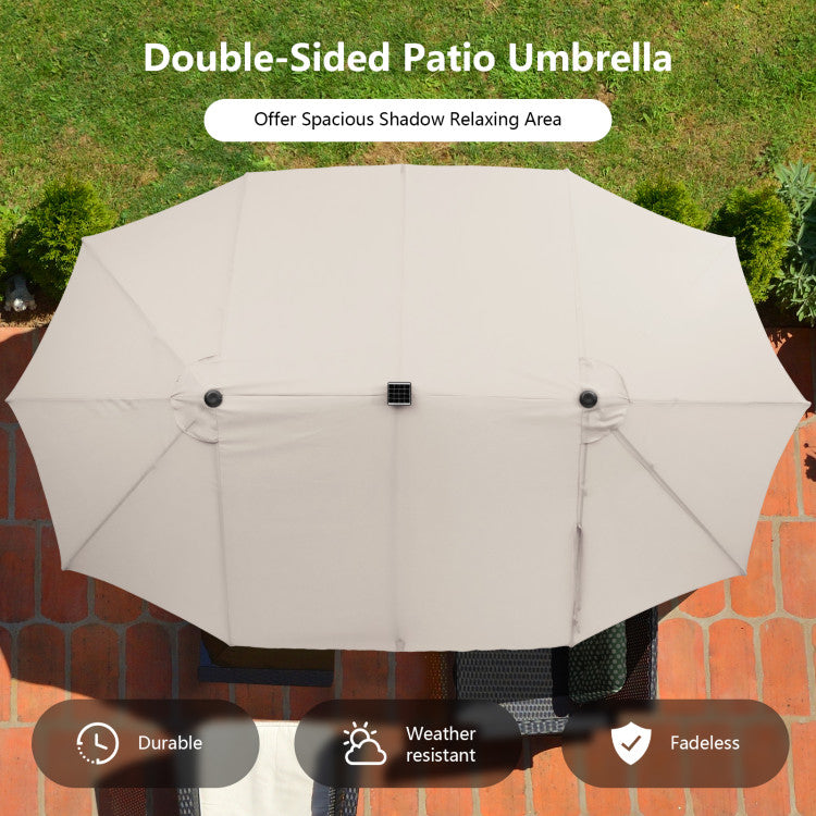 15 Ft Outdoor Patio Umbrella Double-Sided Twin Market Umbrella with 48 LED lights and Crank Handle