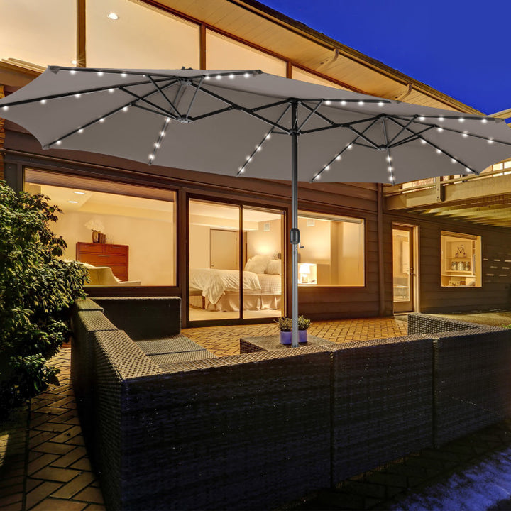 15 Ft Outdoor Patio Umbrella Double-Sided Twin Market Umbrella with 48 LED lights and Crank Handle