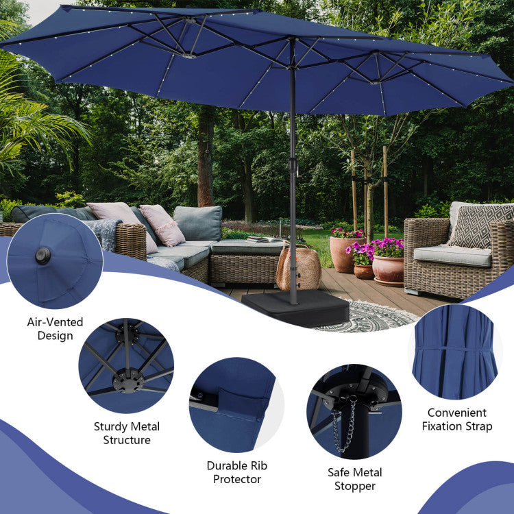 15 Ft Outdoor Patio Umbrella Double-Sided Twin Market Umbrella with 48 LED lights and Crank Handle