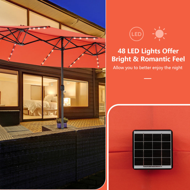 15 Ft Outdoor Patio Umbrella Double-Sided Twin Market Umbrella with 48 LED lights and Crank Handle