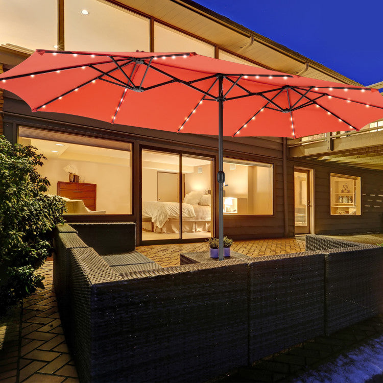 15 Ft Outdoor Patio Umbrella Double-Sided Twin Market Umbrella with 48 LED lights and Crank Handle
