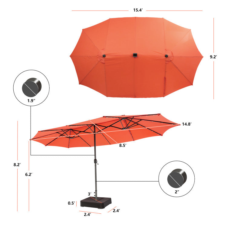 15 Ft Outdoor Patio Umbrella Double-Sided Twin Market Umbrella with 48 LED lights and Crank Handle