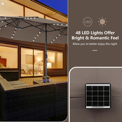 15 Ft Outdoor Patio Umbrella Double-Sided Twin Market Umbrella with 48 LED lights and Crank Handle