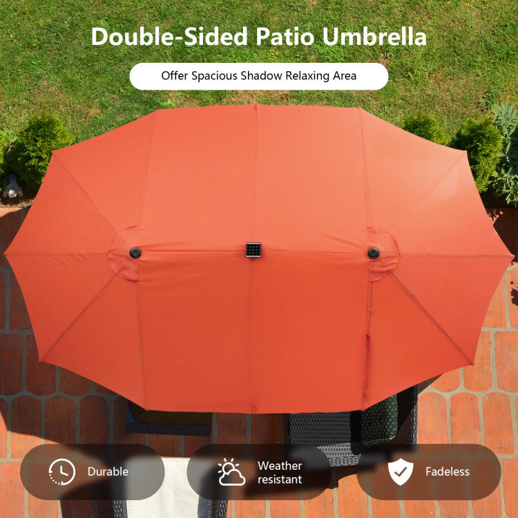 15 Ft Outdoor Patio Umbrella Double-Sided Twin Market Umbrella with 48 LED lights and Crank Handle