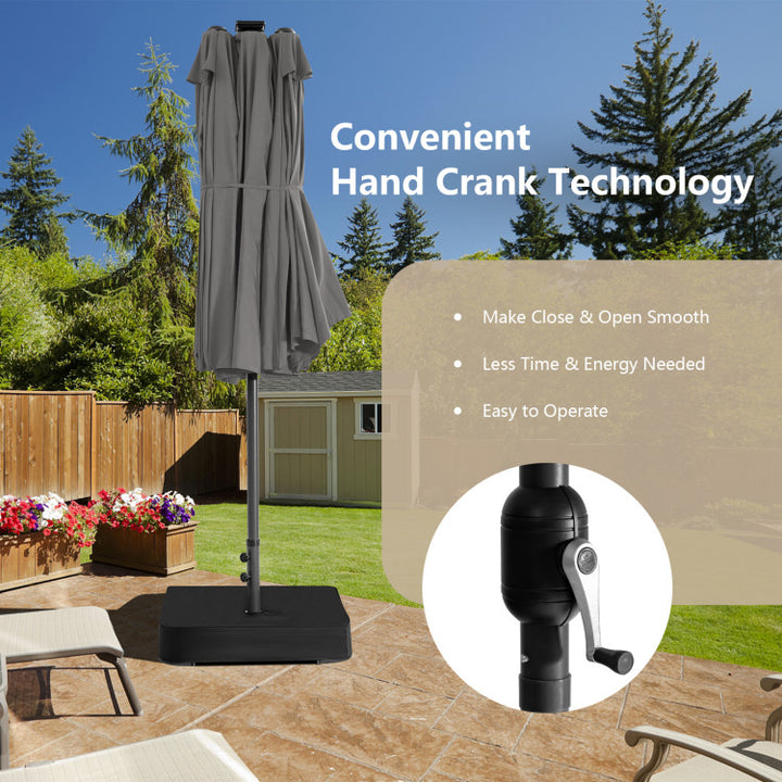 15 Ft Outdoor Patio Umbrella Double-Sided Twin Market Umbrella with 48 LED lights and Crank Handle
