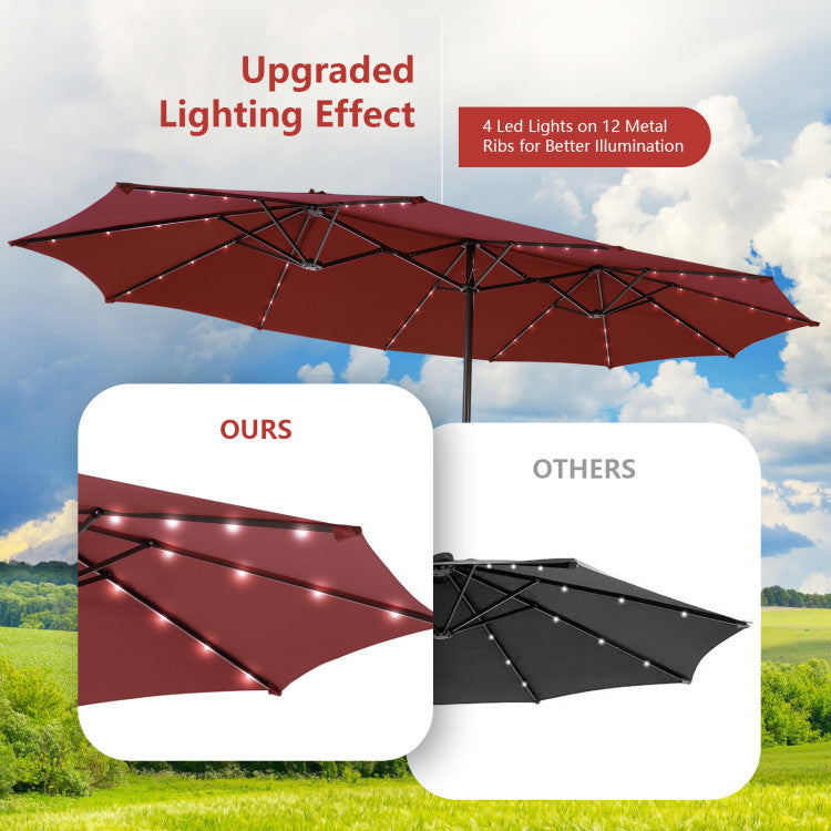 4 ft patio umbrella 15 ft Outdoor Double-Sided Patio Umbrella with 48 Solar LED Lights and Umbrella Base Wine