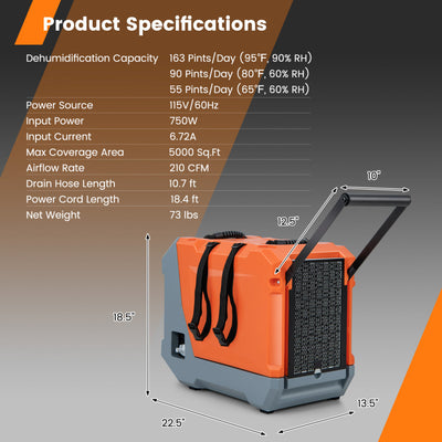 163 PPD Commercial Dehumidifier Portable Industrial Dehumidifier with Smart Control and Auto Defrost for Water Damage Restoration