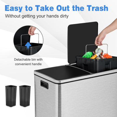 16 Gallon Rectangular Hands-Free Dual Compartment Recycling Kitchen Step Trash Can Stainless Steel Rubbage Bin with Soft-Close Lid