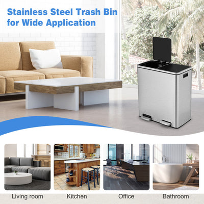 16 Gallon Rectangular Hands-Free Dual Compartment Recycling Kitchen Step Trash Can Stainless Steel Rubbage Bin with Soft-Close Lid