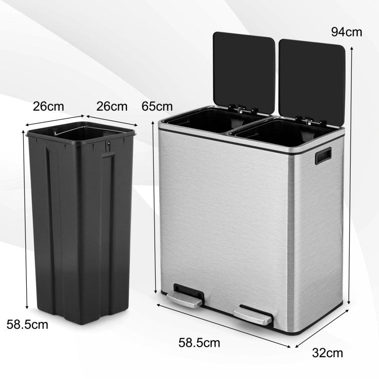 16 Gallon Rectangular Hands-Free Dual Compartment Recycling Kitchen Step Trash Can Stainless Steel Rubbage Bin with Soft-Close Lid