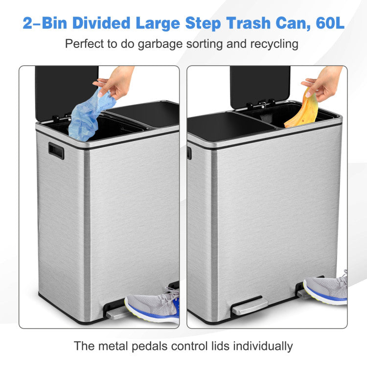 16 Gallon Rectangular Hands-Free Dual Compartment Recycling Kitchen Step Trash Can Stainless Steel Rubbage Bin with Soft-Close Lid