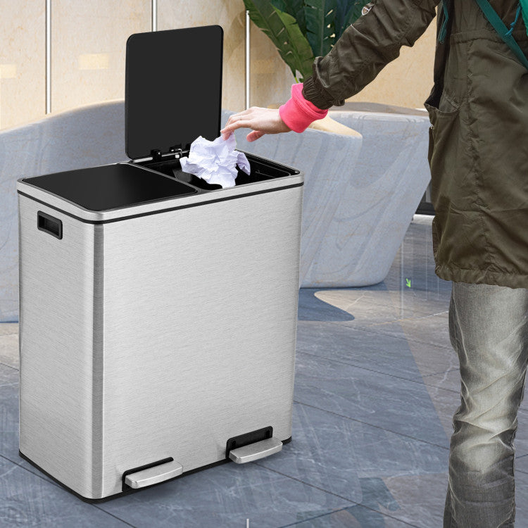 16 Gallon Rectangular Hands-Free Dual Compartment Recycling Kitchen Step Trash Can Stainless Steel Rubbage Bin with Soft-Close Lid