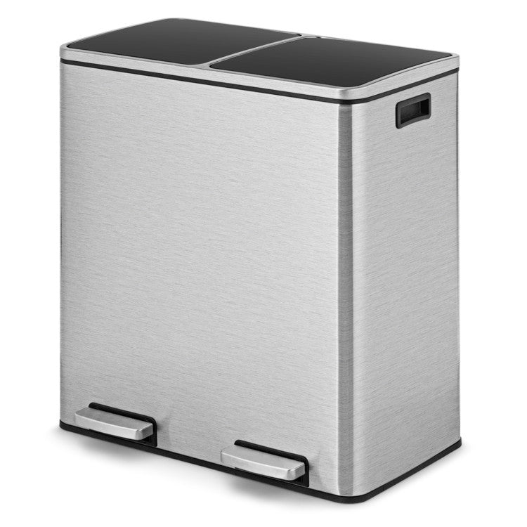 16 Gallon Rectangular Hands-Free Dual Compartment Recycling Kitchen Step Trash Can Stainless Steel Rubbage Bin with Soft-Close Lid