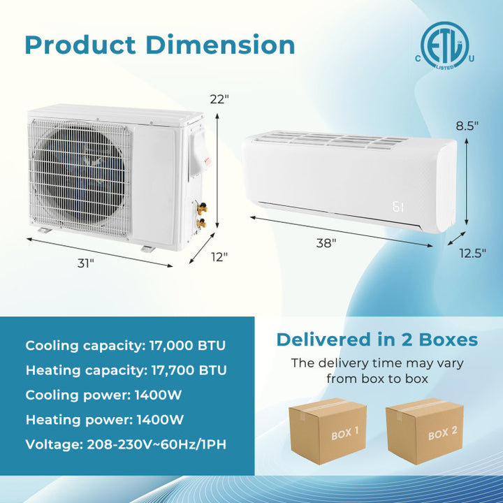 17000 BTU 4-in-1 Mini Split Air Conditioner and Heater 21 SEER2 208-230V Ductless AC Unit with Self-Cleaning Function and Installation Kit