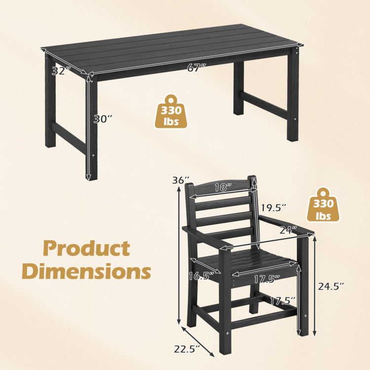 7 Pieces Outdoor Dining Table Set for 6 People 67” HDPE Patio Rectangle Table and 6 Armchairs