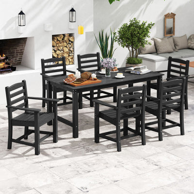 7 Pieces Outdoor Dining Table Set for 6 People 67” HDPE Patio Rectangle Table and 6 Armchairs