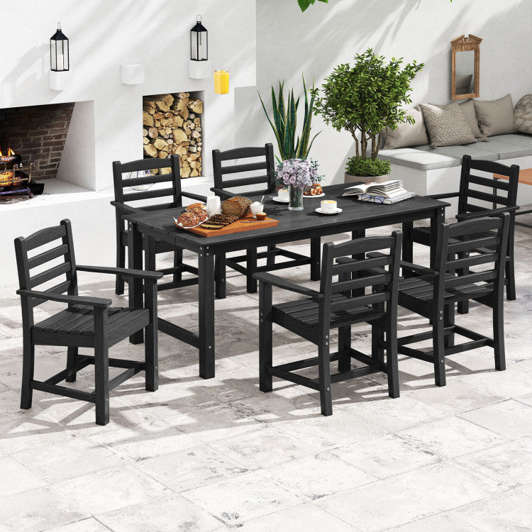 7 Pieces Outdoor Dining Table Set for 6 People 67” HDPE Patio Rectangle Table and 6 Armchairs