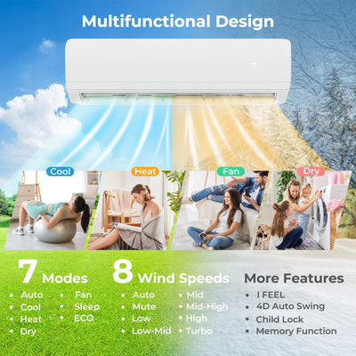 18000 BTU Dual 2 Zone Mini Split Air Conditioner 20 SEER2 Wifi Enabled Ductless Wall Mounted Inverter AC Unit with 24H Timer and Remote Control